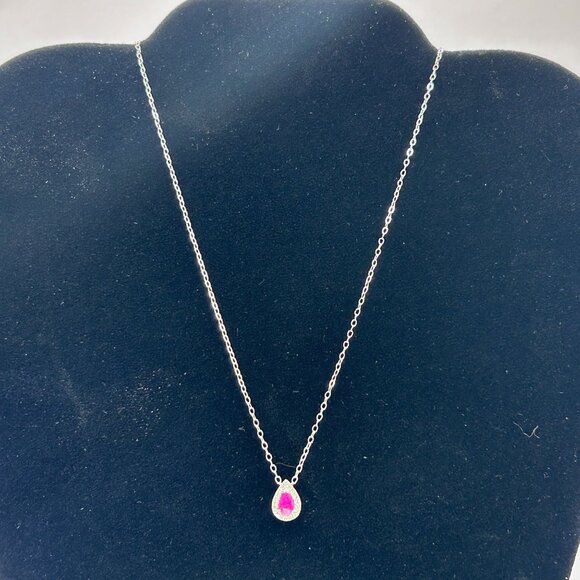 925 Sterling Silver Chain with Simulated Ruby & Lab Diamond Pear Cut Pendant - Picture 3 of 5
